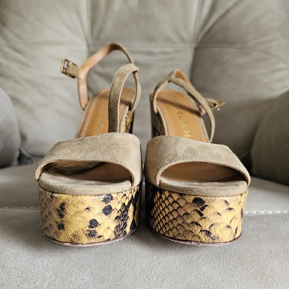 Tory Burch‎ Tan Suede Snake Print Platform Heels Sandals Statement Shoes Sz 7.5